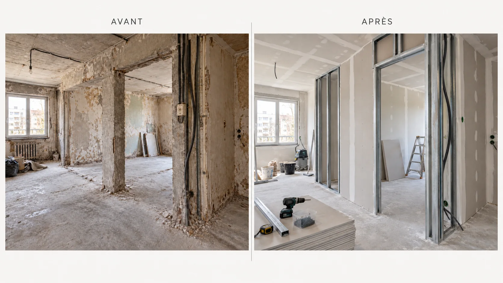 Avant et après cloisons BA13 et isolation