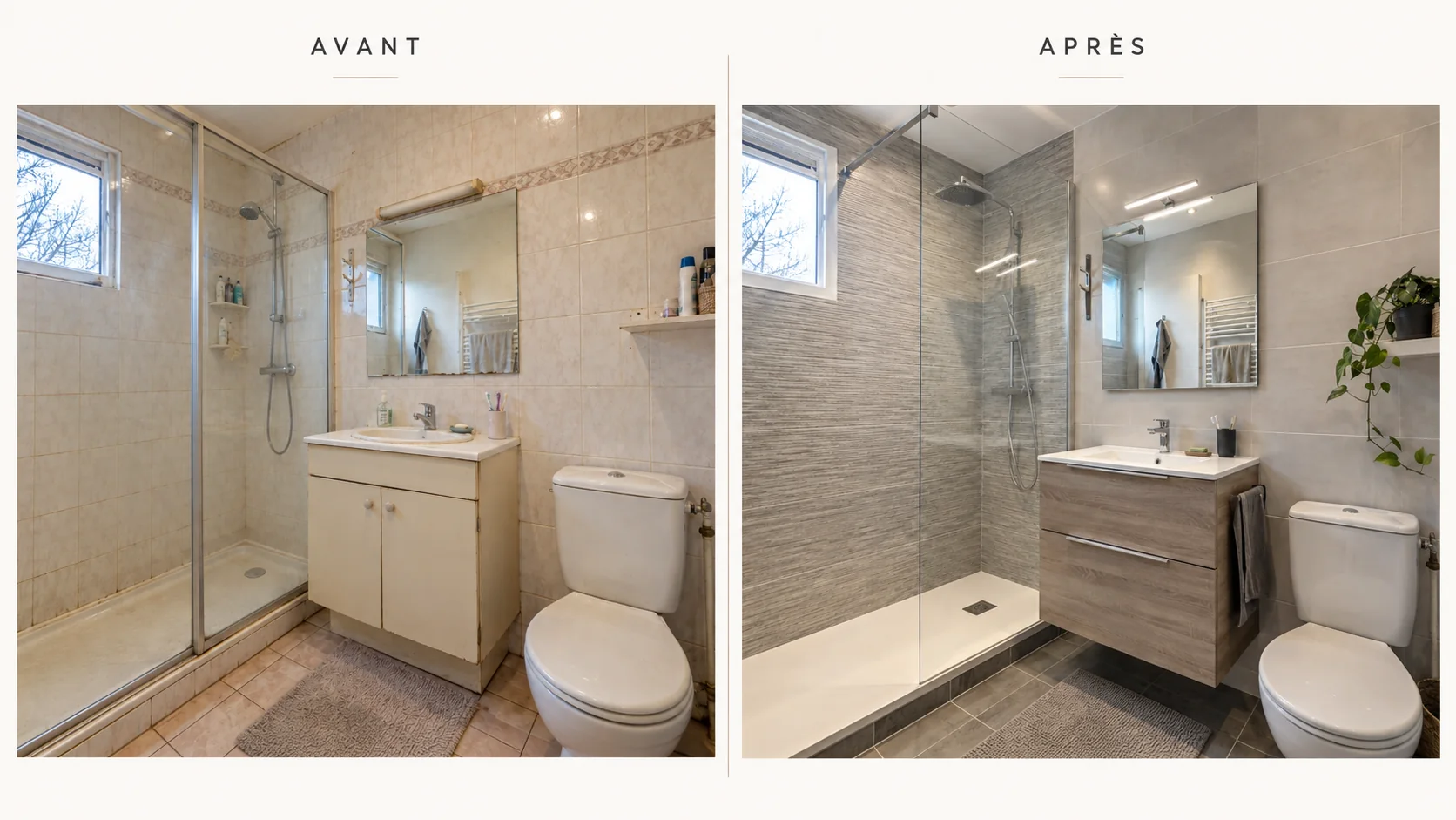 Avant et après rénovation complète de salle de bains